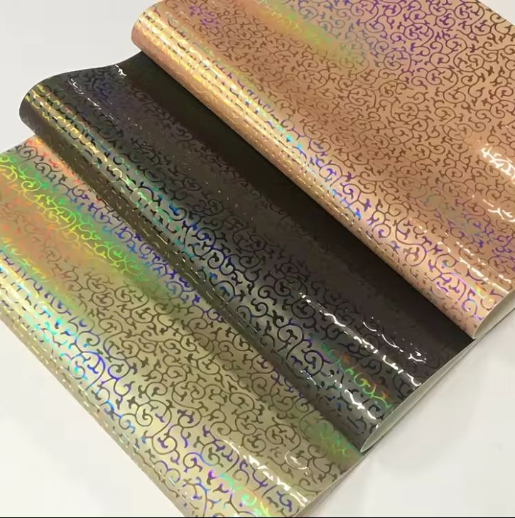 Laser Effect Foiled Hot Stamped Flower Embossed Holographic PU Leather